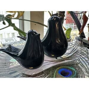 Vintage Art Glass Unsigned Pair Black Birds | Gothic | Dark Romance | Mod